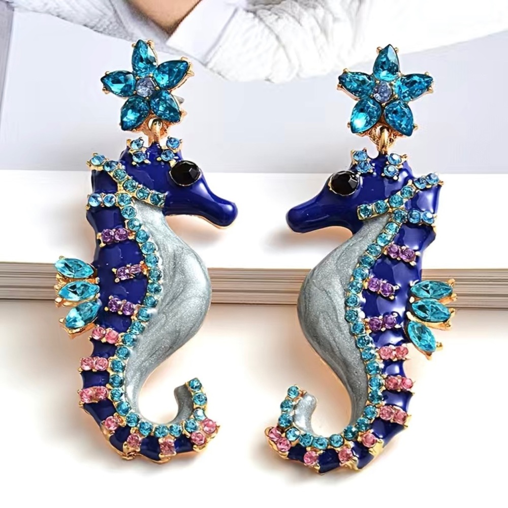 Seahorse Earrings Blue Enameled Rhinestones